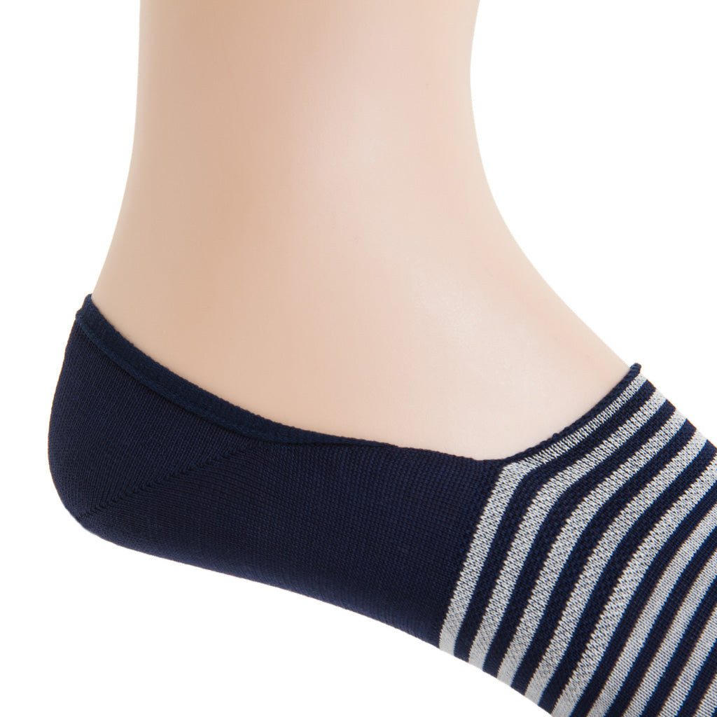 Classic Navy with Cream Stripes  Mercerized Cotton  High Vamp No-Show Sock