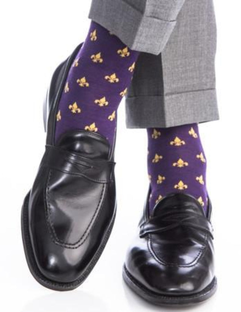 Purple and Yolk Fleur De Lis Merino Wool Linked Toe Over-The-Calf - over-the-calf - dapper-classics - 1