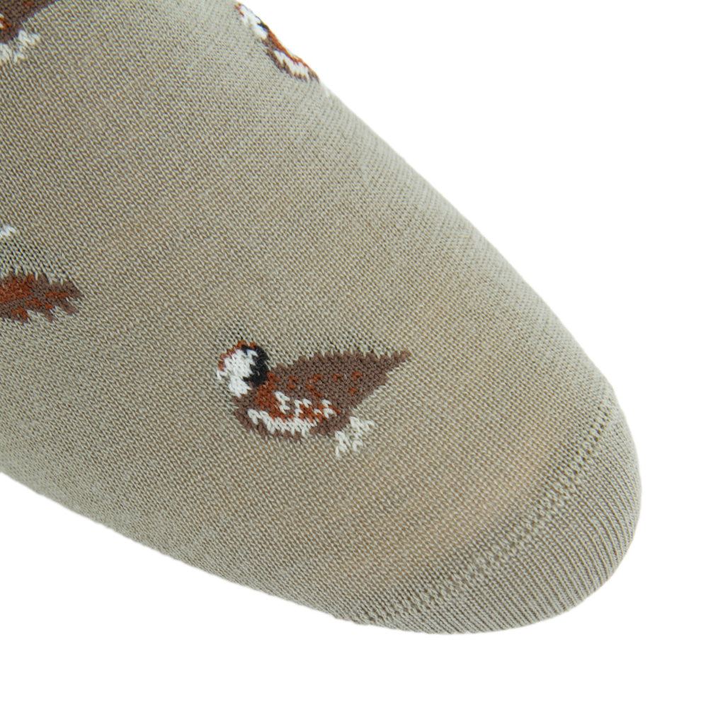 Taupe with Quails Fine Merino Wool Over-the-Calf Sock