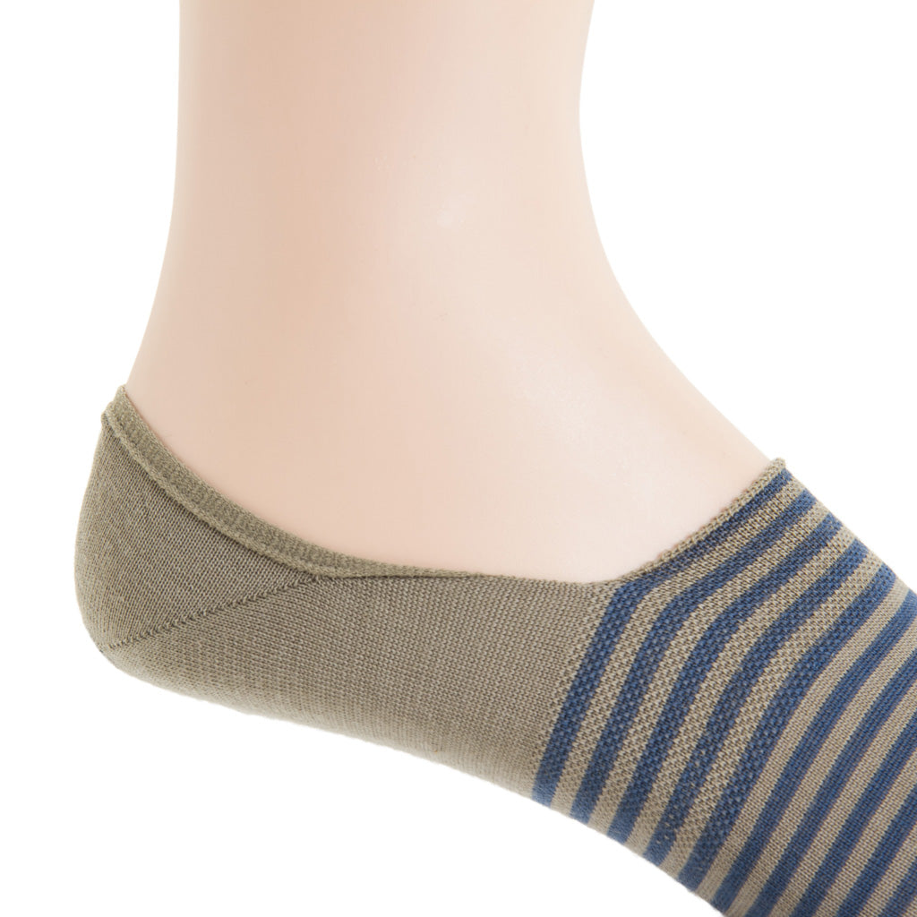 Taupe with Bay Blue Stripes  Fine Merino Wool  High Vamp No-Show Sock