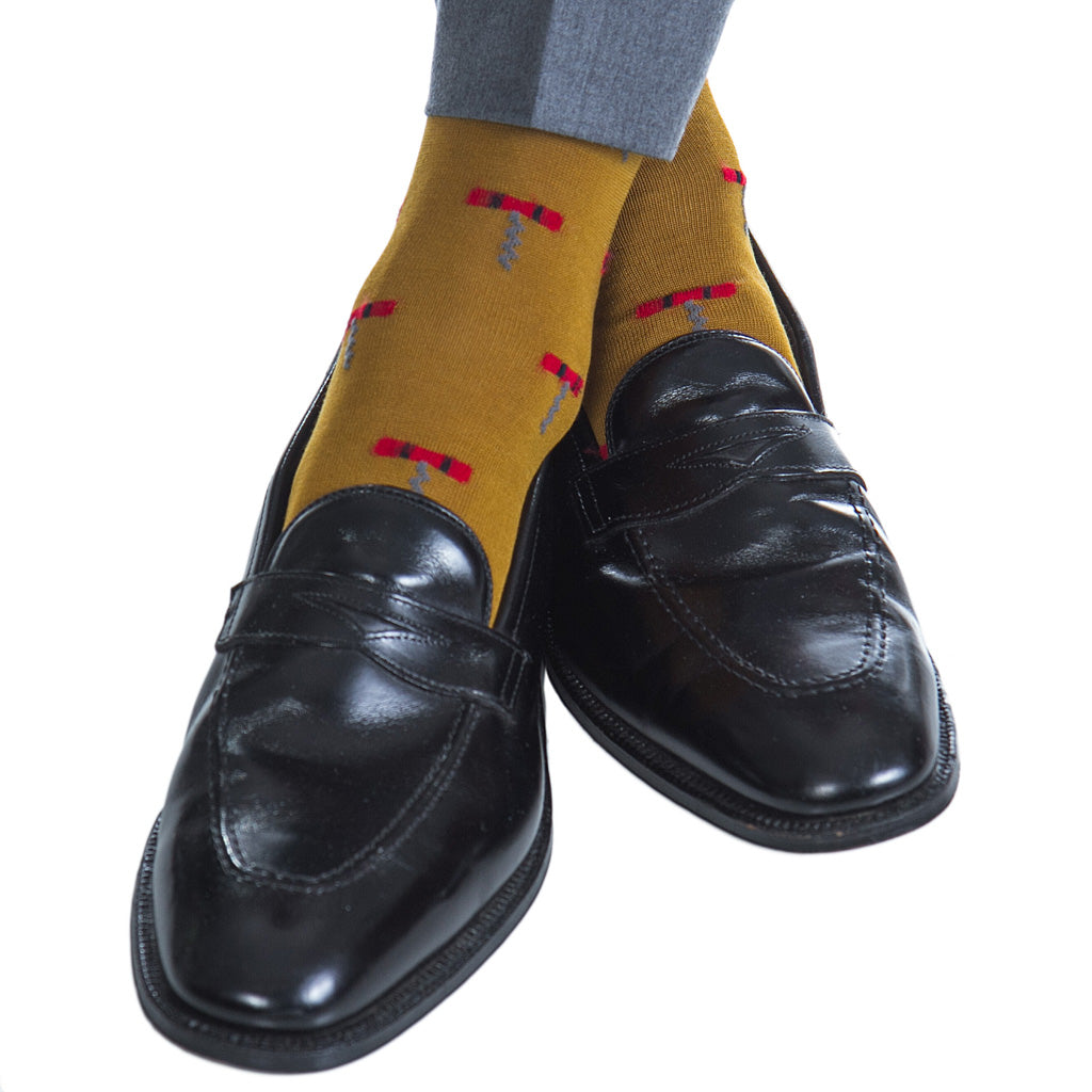 Gold with Red Corkscrews Cotton Sock Linked Toe Mid-Calf Gold with Red Corkscrews Cotton Sock Linked Toe Mid-Calf