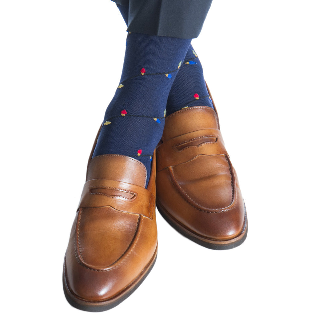 Classic-Navy-with Yolk, Green, Clematis Blue and Black Lights Cotton Sock Linked Toe Mid-Calf
