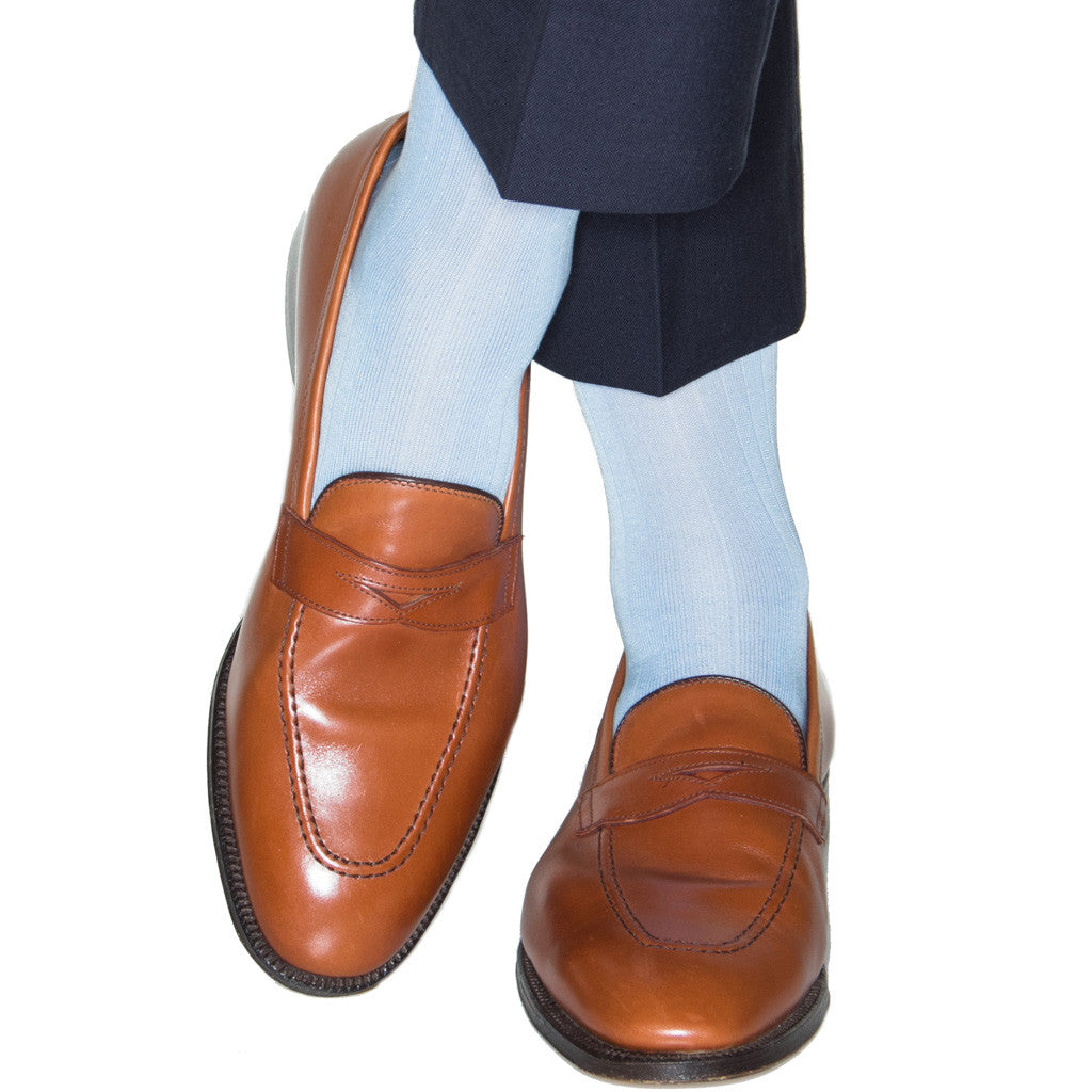 Sky Blue Ribbed Socks Linked Toe OTC - over-the-calf - dapper-classics