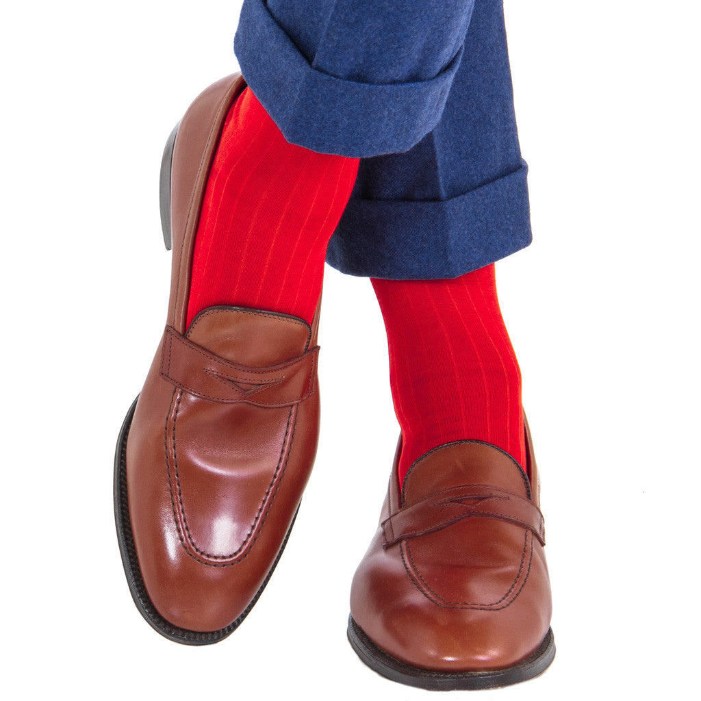 Red Ribbed Sock Fine Merino Wool Linked Toe Mid-Calf - mid-calf - dapper-classics