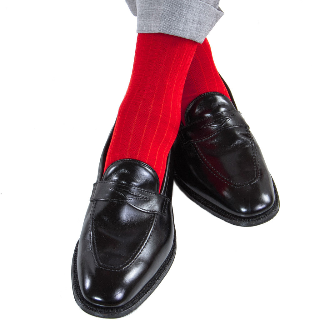 Red Ribbed Sock Fine Merino Wool Linked Toe Mid-Calf - mid-calf - dapper-classics