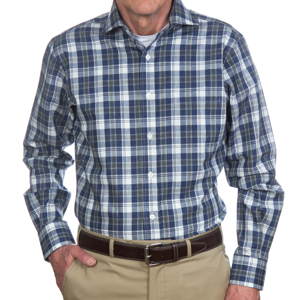 Navy with Gray and White Plaid Oxford Shirt Trim Fit