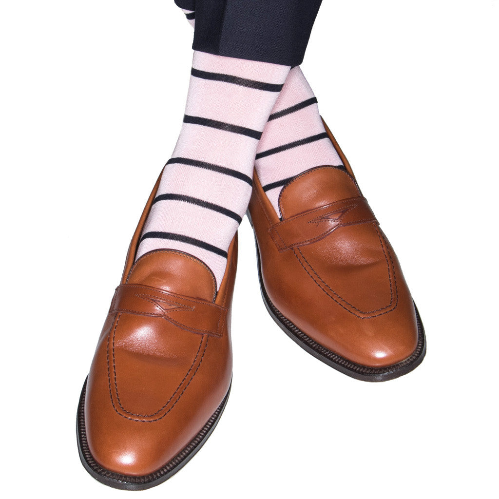 Pink Socks with Navy Stripes Linked Toe Mid-Calf - mid-calf - dapper-classics