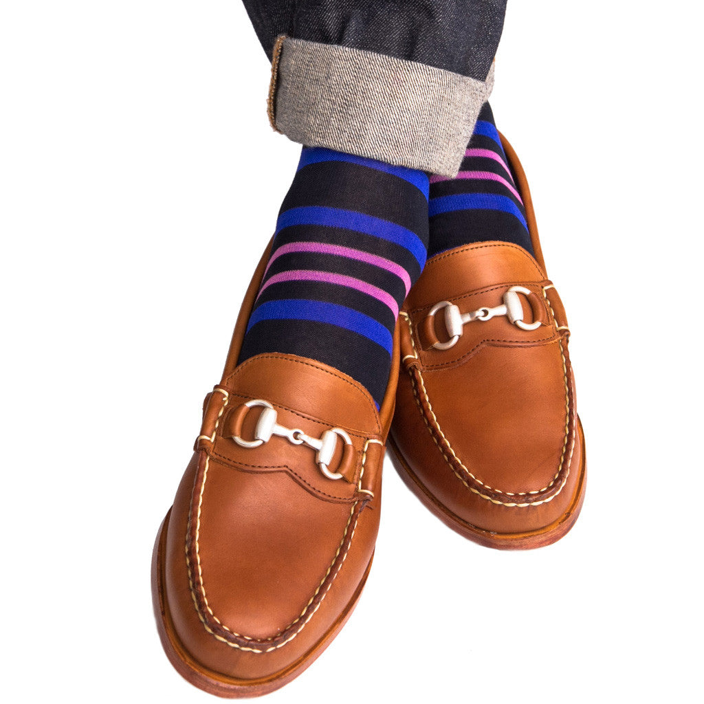 Navy with Clematis Blue and Rose Stripe Sock Linked Toe Mid-Calf - mid-calf - dapper-classics