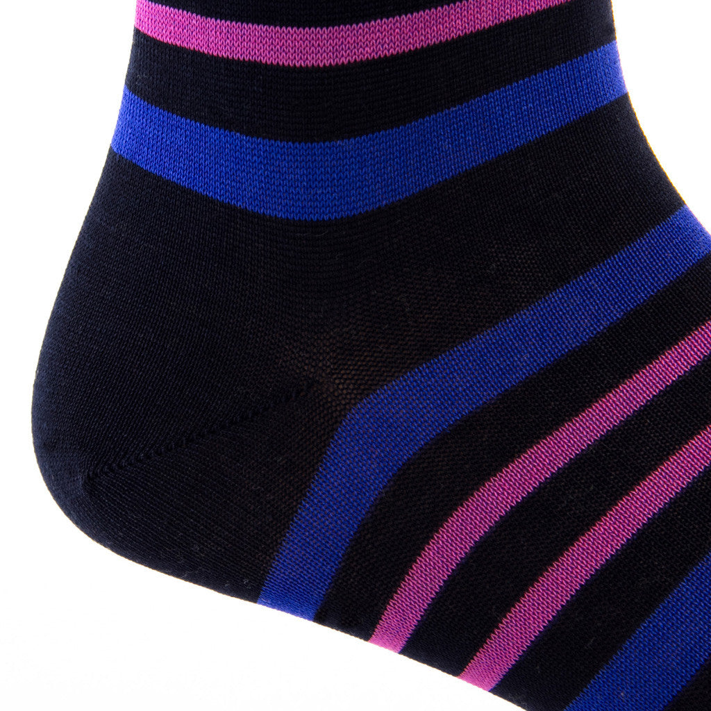 Navy with Clematis Blue and Rose Stripe Sock Linked Toe Mid-Calf - mid-calf - dapper-classics