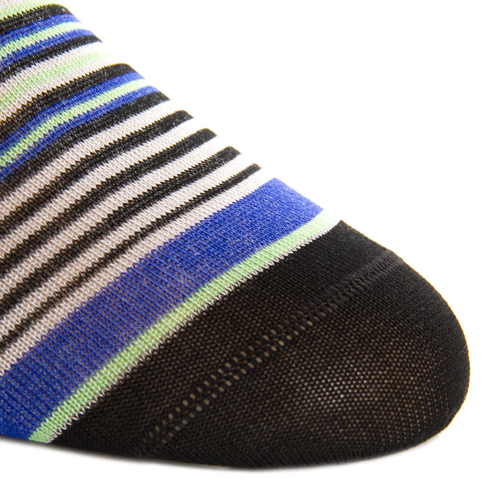 Black with Grey, Clematis Blue and Green Mini Stripe Sock Linked Toe OTC - over-the-calf - dapper-classics
