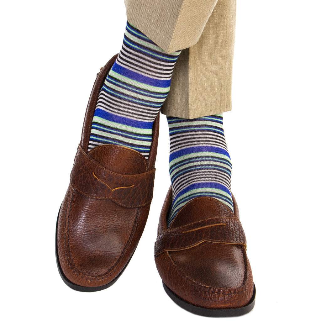 Black with Grey, Clematis Blue and Green Mini Stripe Linked Toe Mid-Calf - mid-calf - dapper-classics