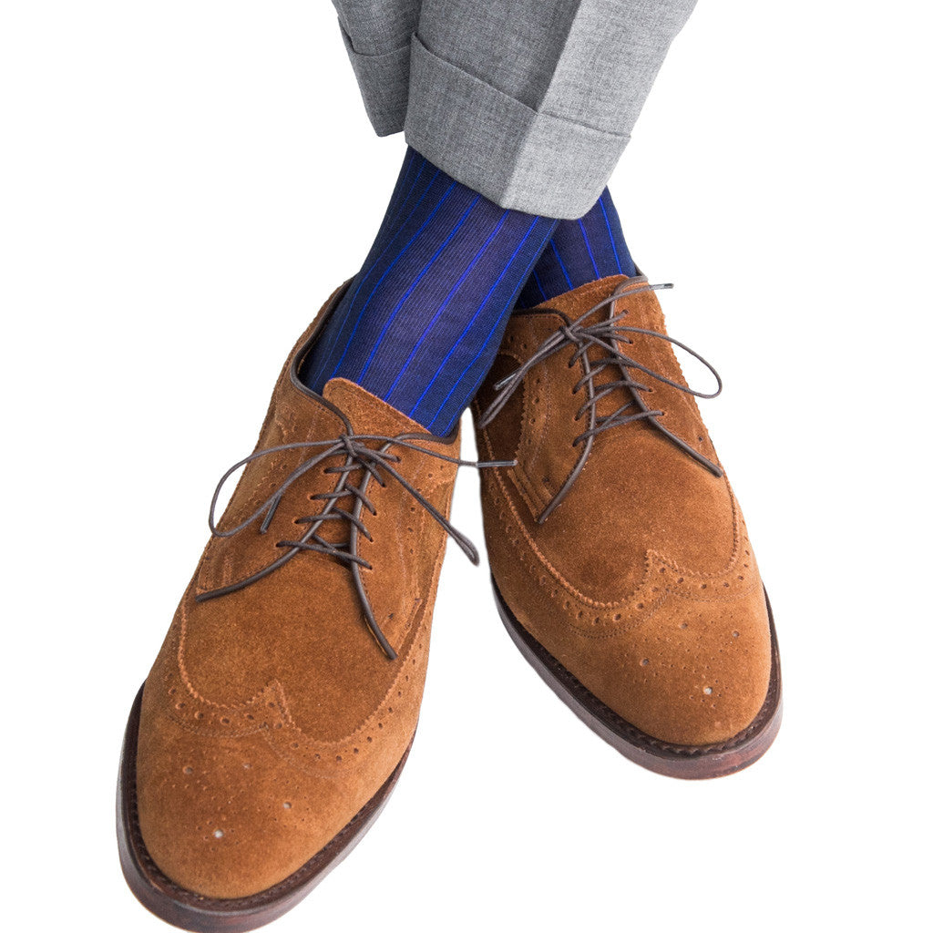 Navy with Blue Vertical Stripe Sock Linked Toe OTC - over-the-calf - dapper-classics