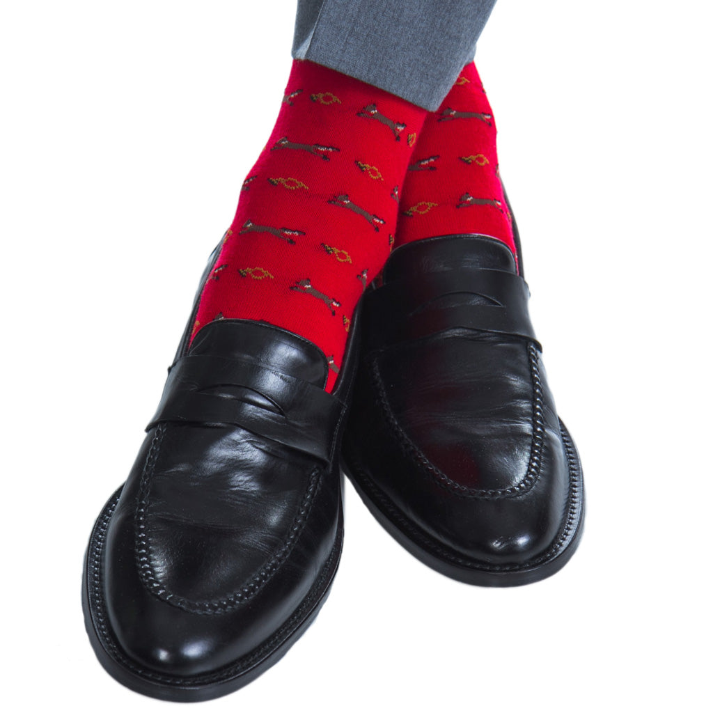 Red with Brown, Gold, and Cream Fox and Horn Wool Sock Linked Toe Mid-Calf Red with Brown, Gold, and Cream Fox and Horn Wool Sock Linked Toe Mid-Calf