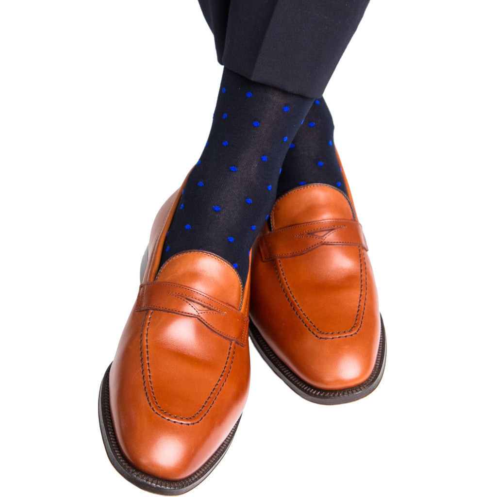 Navy with Clematis Blue Dot Sock Linked Toe Mid-Calf - mid-calf - dapper-classics