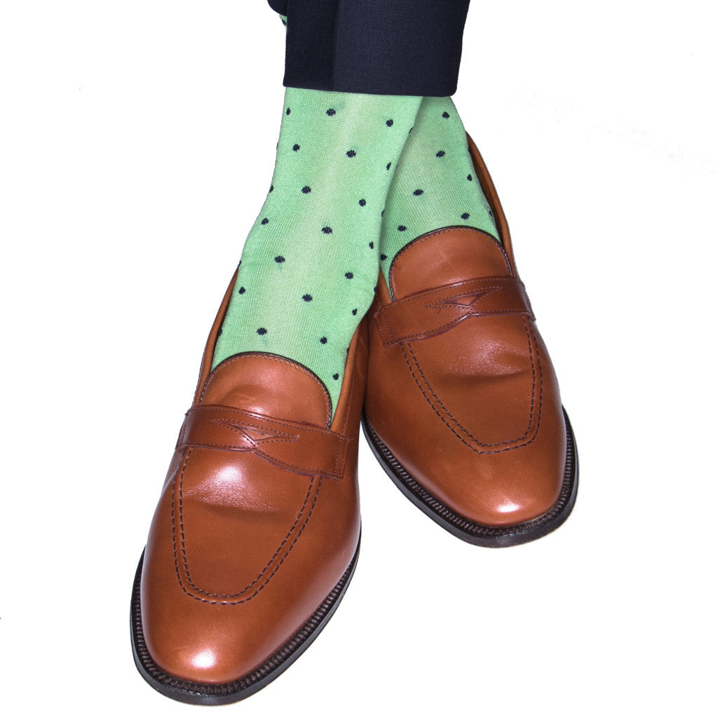 Grass Green with Navy Dot Cotton Sock Linked Toe Mid-Calf Grass Green with Navy Dot Cotton Sock Linked Toe Mid-Calf