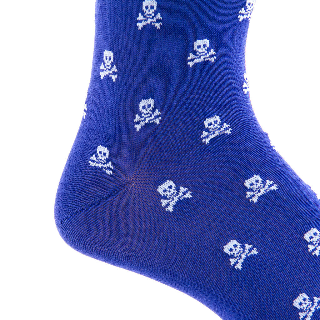 Clematis Blue with Sky Blue Skull and Crossbone Sock Linked Toe Mid-Calf - mid-calf - dapper-classics