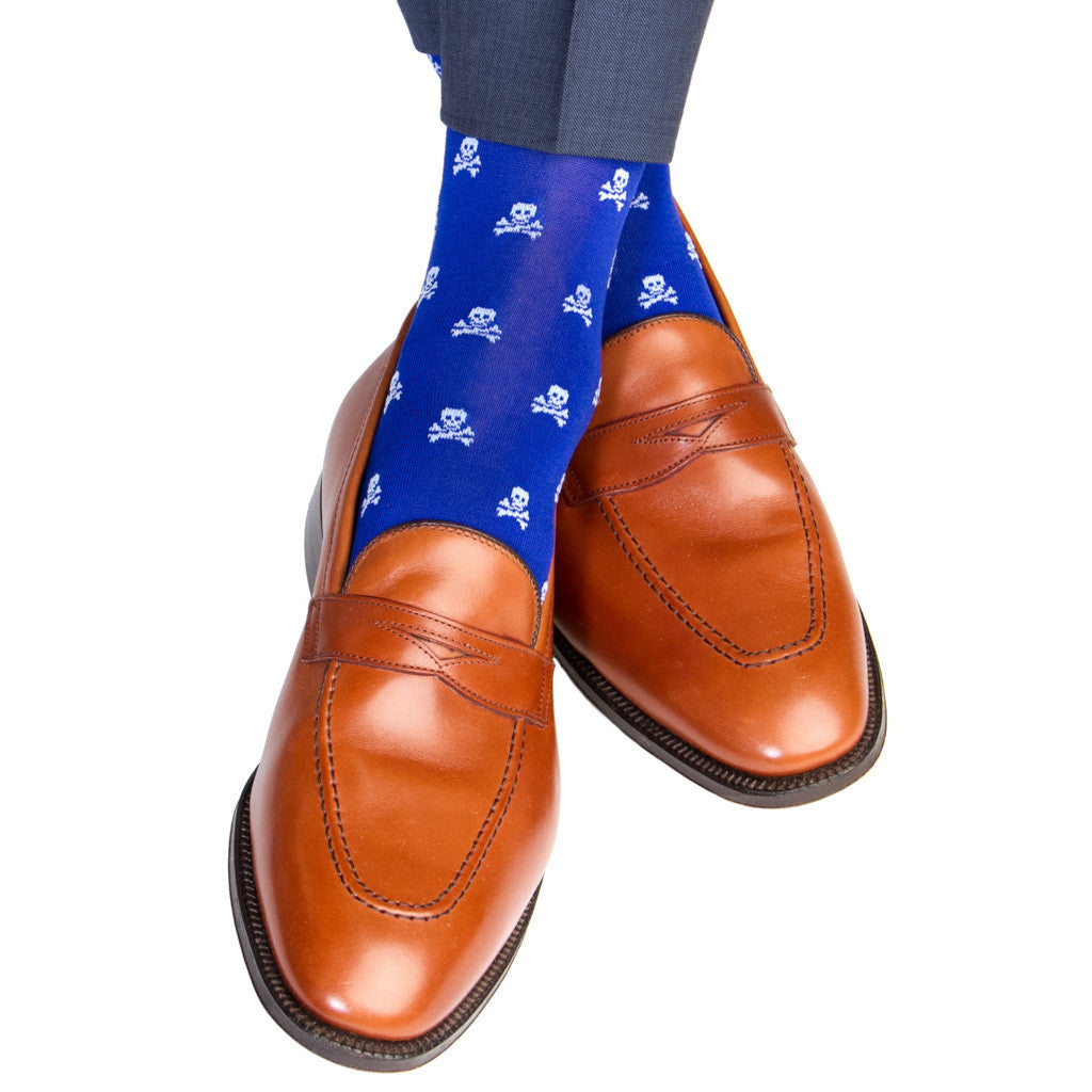 Clematis Blue with Sky Blue Skull and Crossbone Sock Linked Toe OTC - over-the-calf - dapper-classics