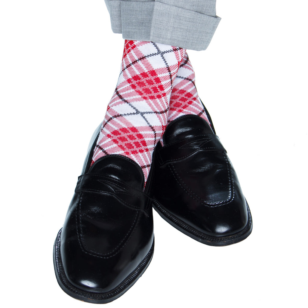 argyle red white black mid-calf cotton sock