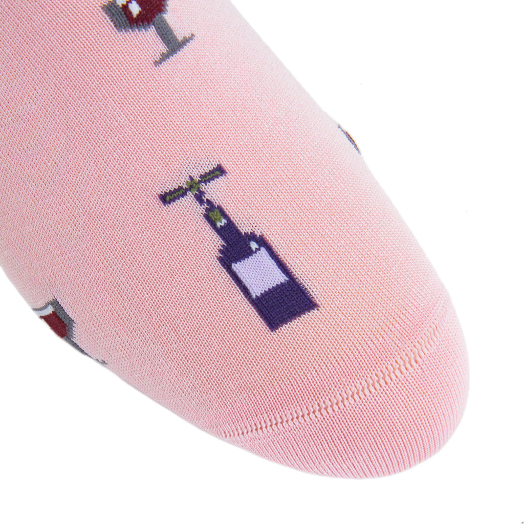 Light Pink with Wine Glass &amp; Bottle Cotton Mid-Calf Sock