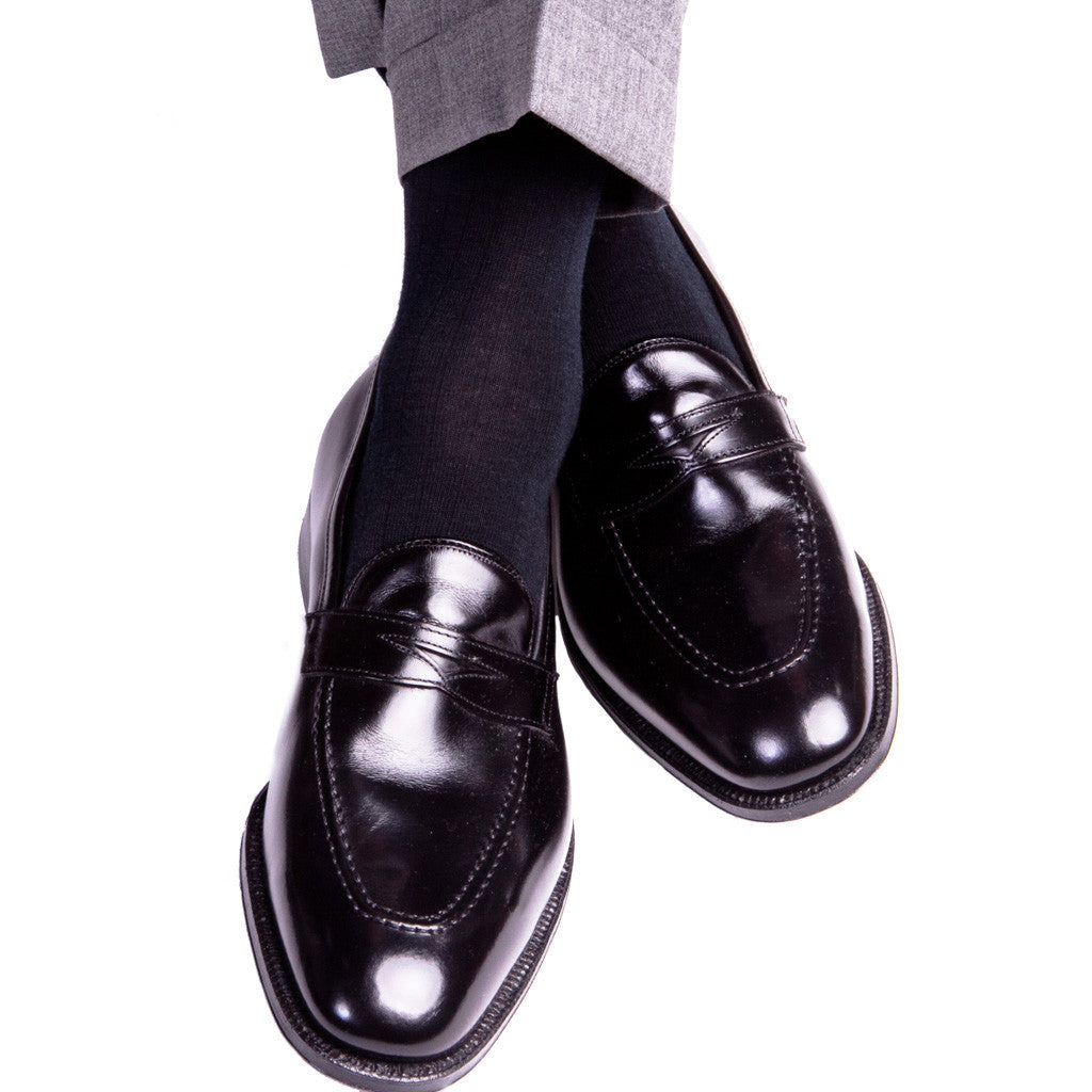 Black Ribbed Sock Fine Merino Wool Linked Toe Mid-Calf - mid-calf - dapper-classics 