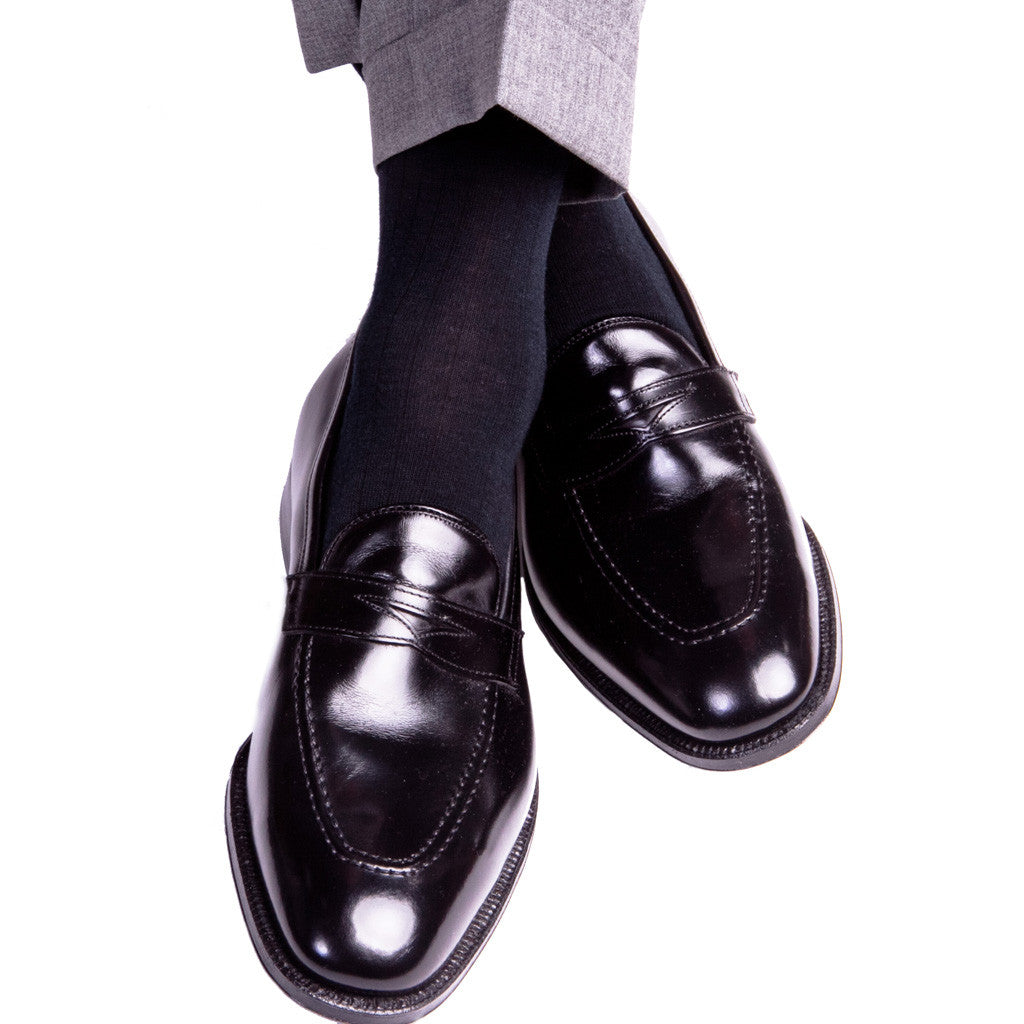 Black Ribbed Socks with Fine Merino (OTC) - over-the-calf - dapper-classics