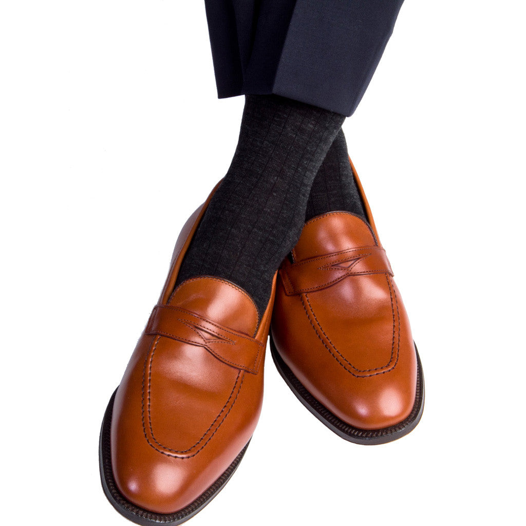 Charcoal Ribbed Fine Merino Wool Linked Toe Mid Calf - mid-calf - dapper-classics