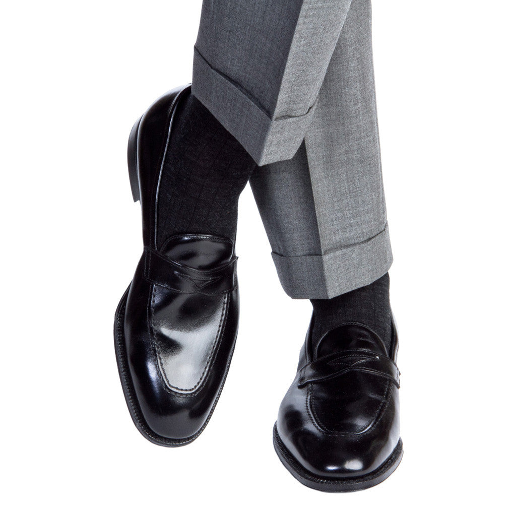 Charcoal Ribbed Fine Merino Wool Linked Toe Mid Calf - mid-calf - dapper-classics