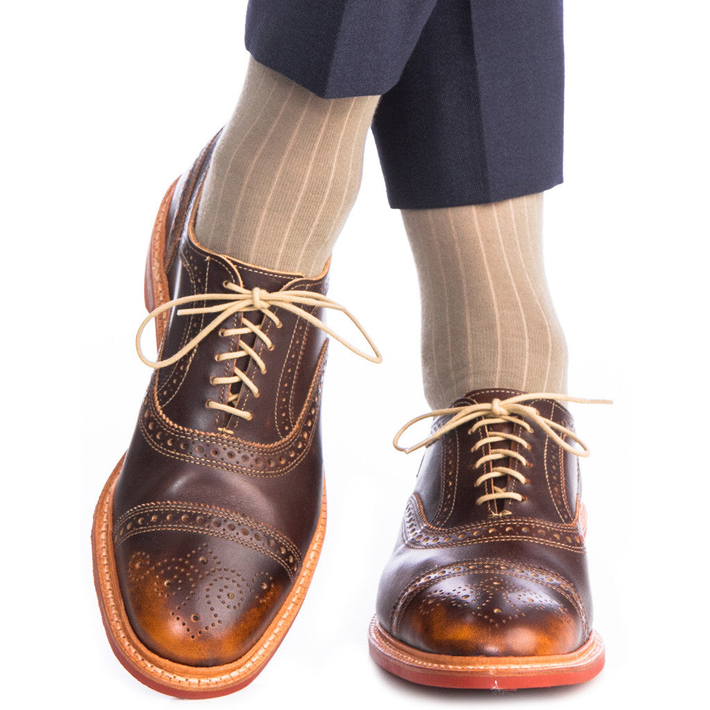 Taupe Ribbed Sock Fine Merino Wool Linked Toe OTC - over-the-calf - dapper-classics