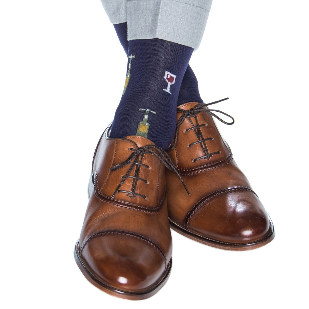 Classic Navy with Wine Glass & Bottle Cotton Sock Linked Toe Mid-Calf Dapper Classics Classic Navy with Wine Glass & Bottle Cotton Sock Linked Toe Mid-Calf Dapper Classics