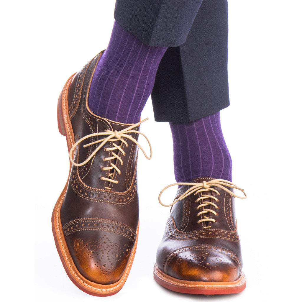 Purple Solid Ribbed Fine Merino Wool Sock Linked Toe Mid-Calf