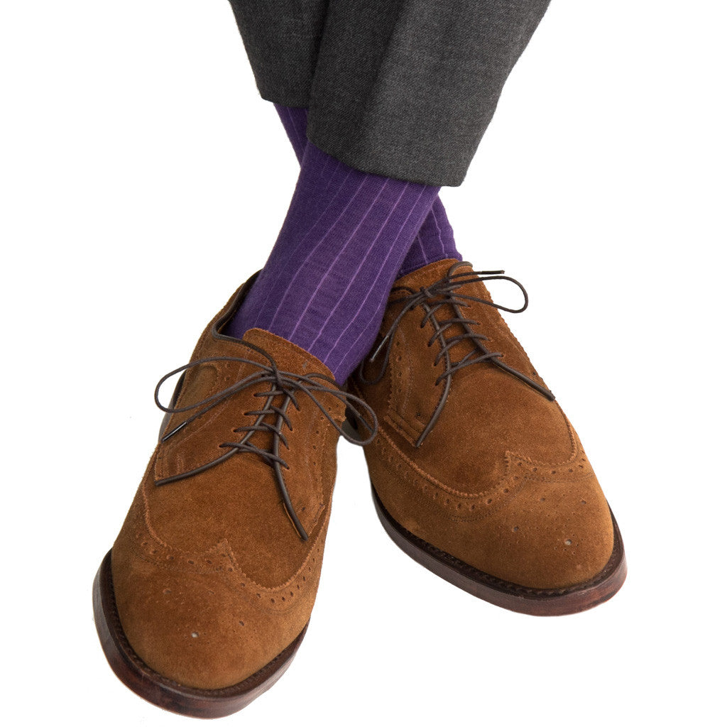 Purple Solid Ribbed Fine Merino Wool Sock Linked Toe Mid-Calf