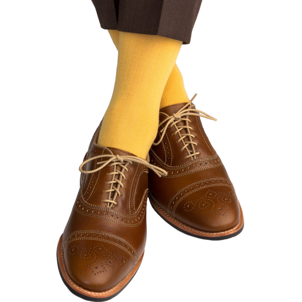 Saffron Ribbed Sock Fine Merino Wool Linked Toe Mid Calf - mid-calf - dapper-classics