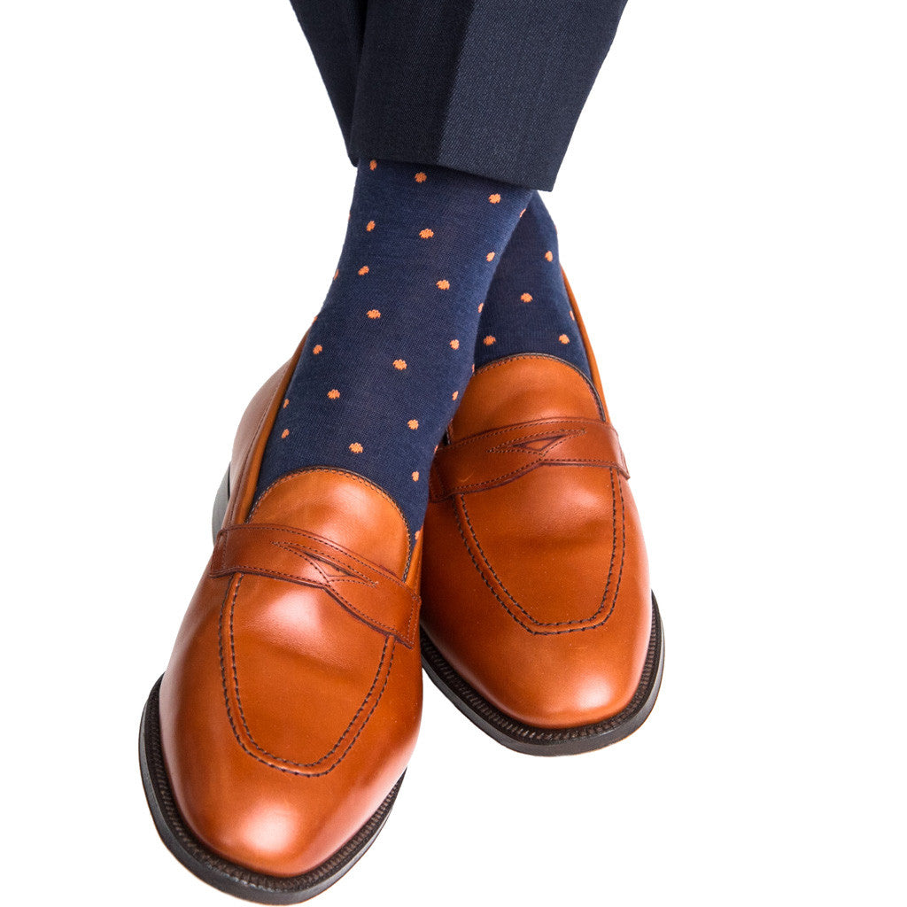 Dress Navy with Orange Dots Fine Merino Linked Toe OTC - over-the-calf - dapper-classics 