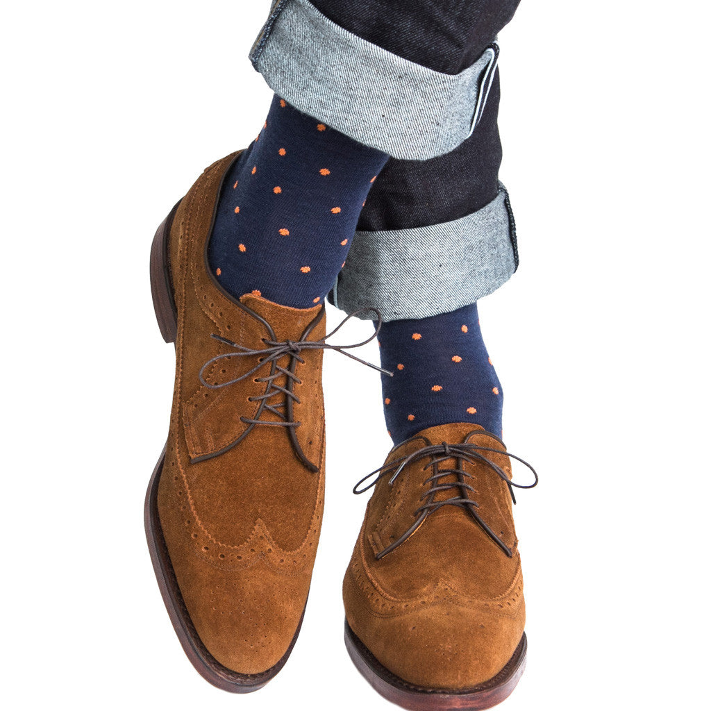 Mens dress navy wool socks with orange dots Made In USA Dapper Classics®