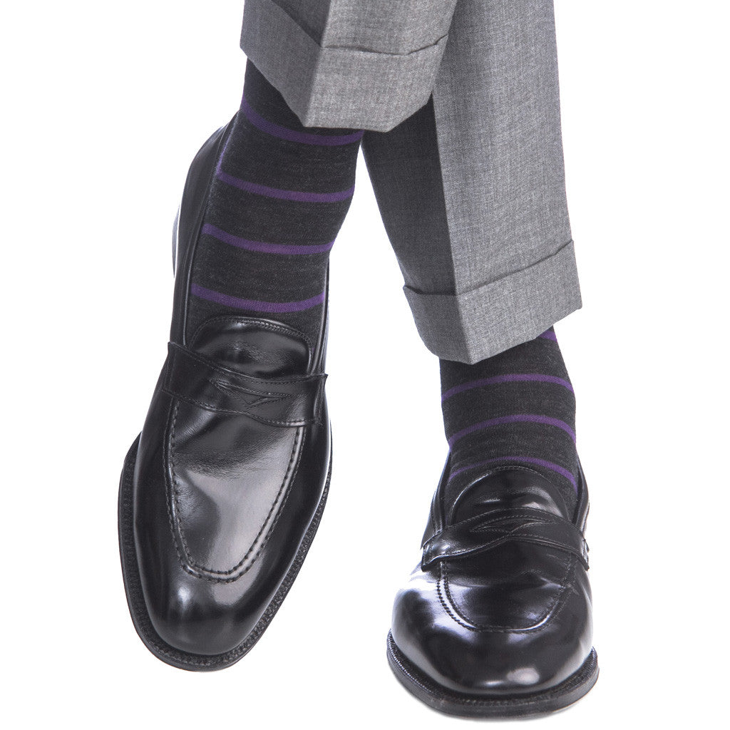 Charcoal with Grape Stripe Fine Merino Wool Linked Toe Mid-Calf - mid-calf - dapper-classics