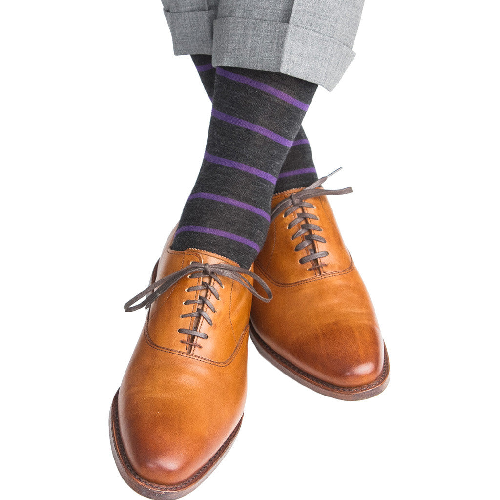 Charcoal with Purple Stripe Sock Fine Merino Wool Linked Toe OTC - over-the-calf - dapper-classics