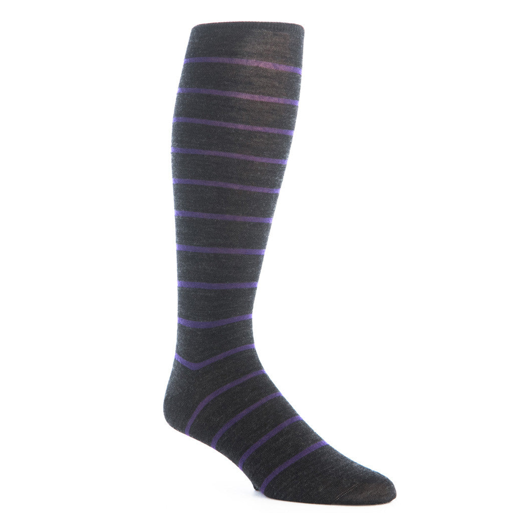 Charcoal with Purple Stripe Sock Fine Merino Wool Linked Toe OTC - over-the-calf - dapper-classics