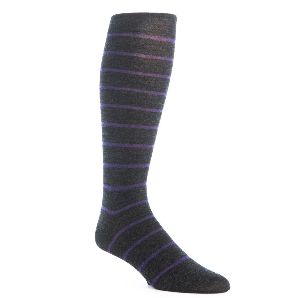 Charcoal with Grape Stripe Fine Merino Wool Linked Toe Mid-Calf - mid-calf - dapper-classics