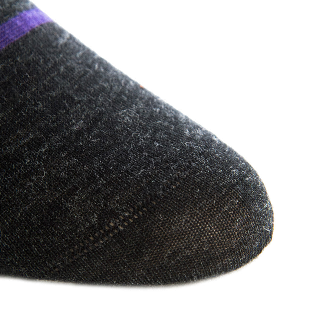 Charcoal with Purple Stripe Sock Fine Merino Wool Linked Toe OTC - over-the-calf - dapper-classics