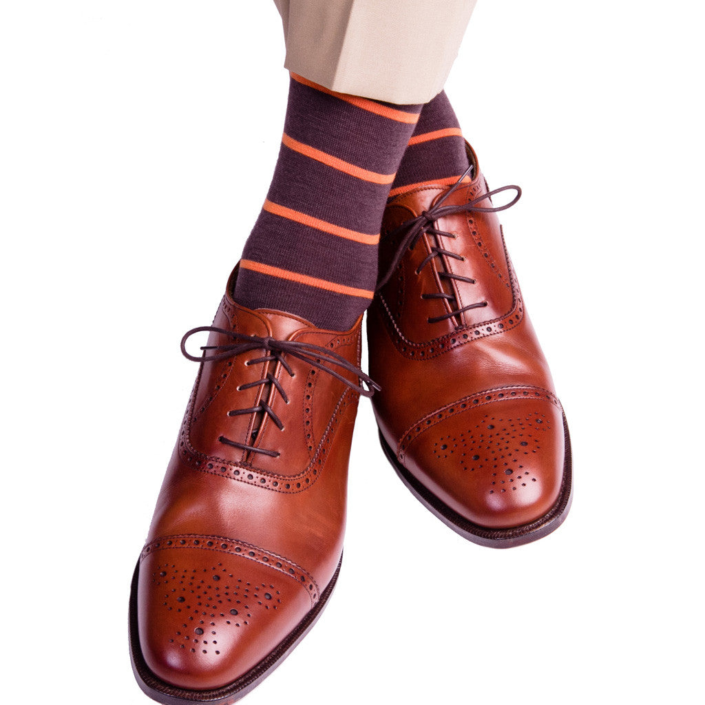 Brown with Orange Stripe Sock Fine Merino Wool Linked Toe Mid-Calf - mid-calf - dapper-classics