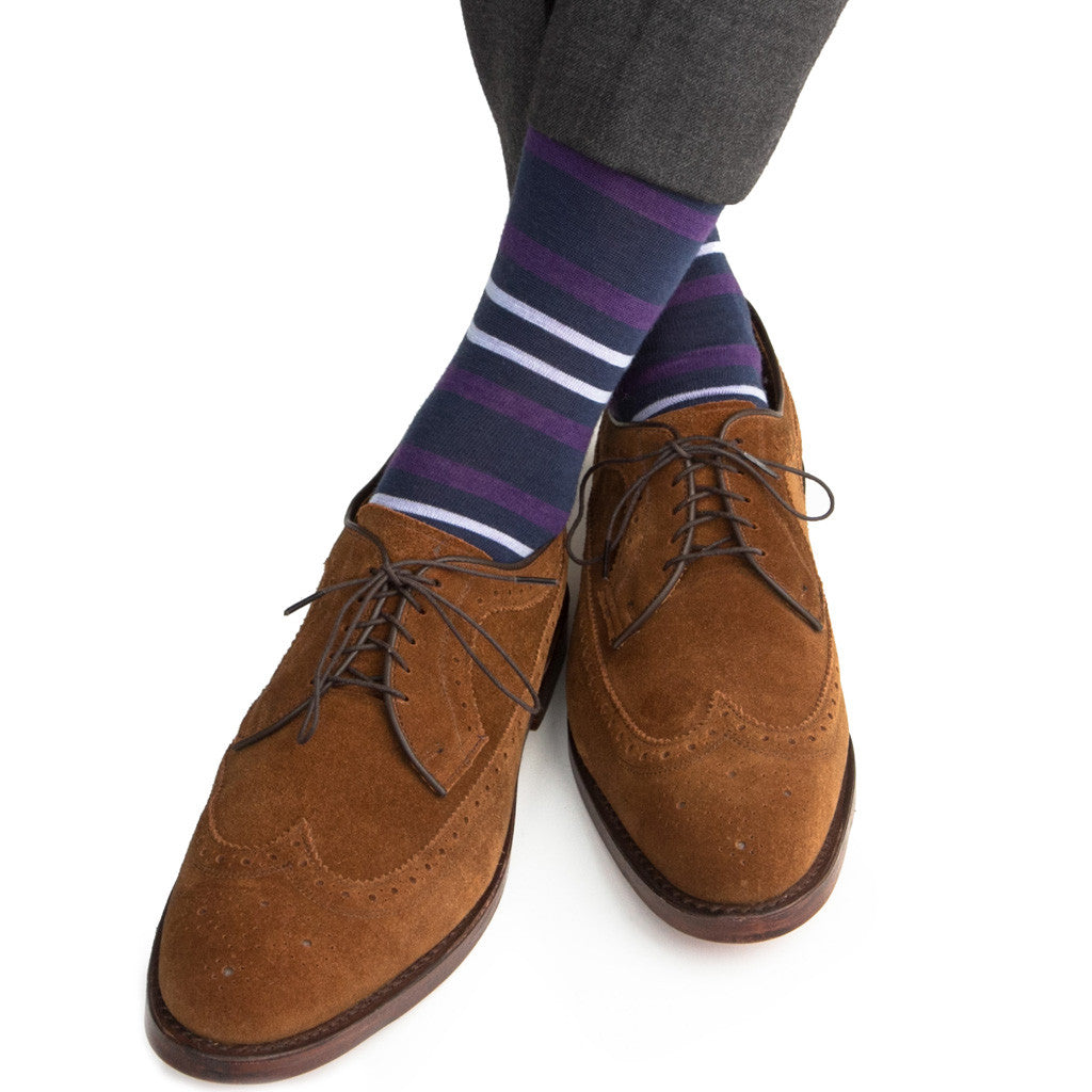 Dress Blue with Purple and Sky Blue Double Stripe Sock with Fine Merino Wool Linked Toe OTC - over-the-calf - dapper-classics