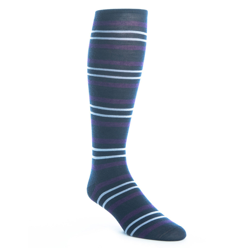 Dress Blue with Purple and Sky Blue Double Stripe Sock with Fine Merino Wool Linked Toe OTC - over-the-calf - dapper-classics