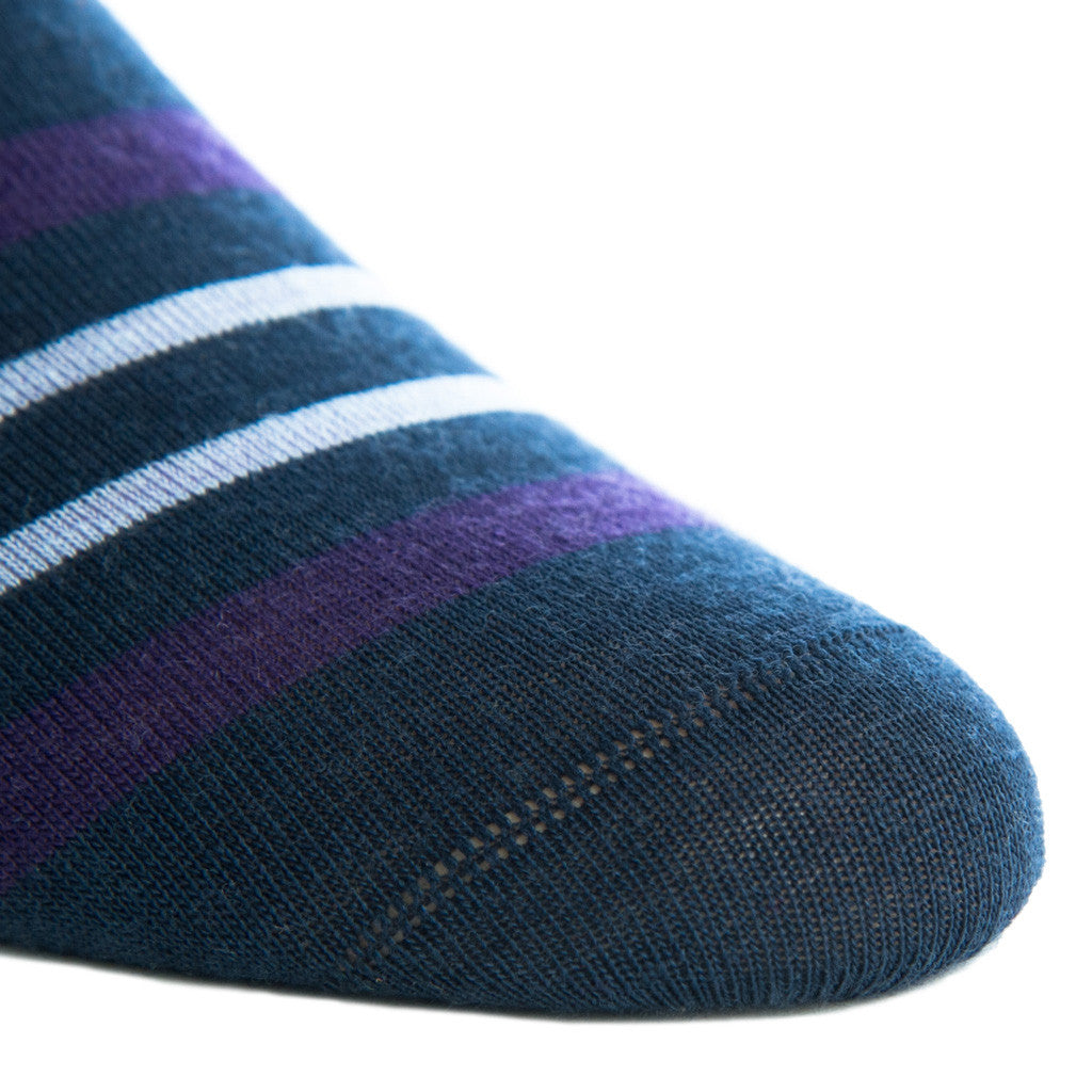 Dress Blue with Purple and Sky Blue Double Stripe Sock with Fine Merino Wool Linked Toe OTC - over-the-calf - dapper-classics