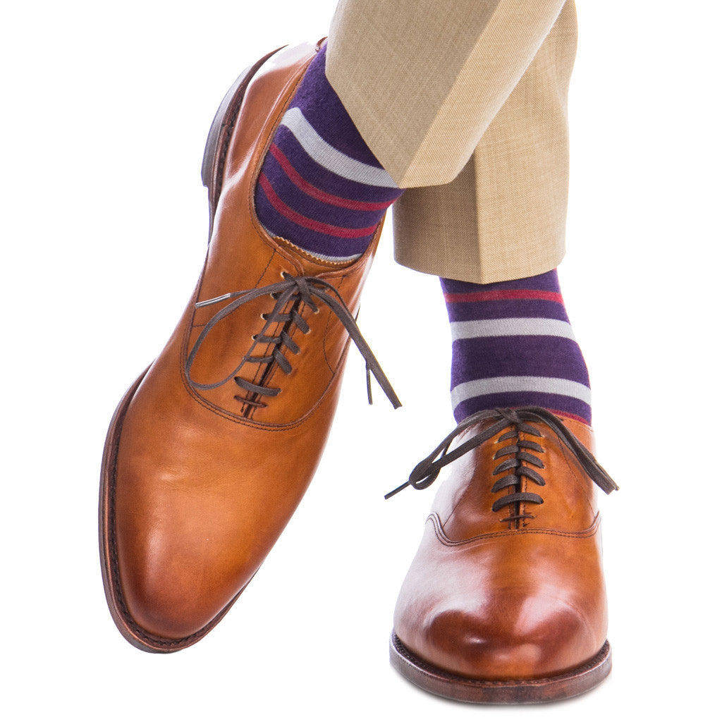 Purple with Gray and Burgundy Fine Merino Sock Double Stripe Linked Toe OTC - over-the-calf - dapper-classics