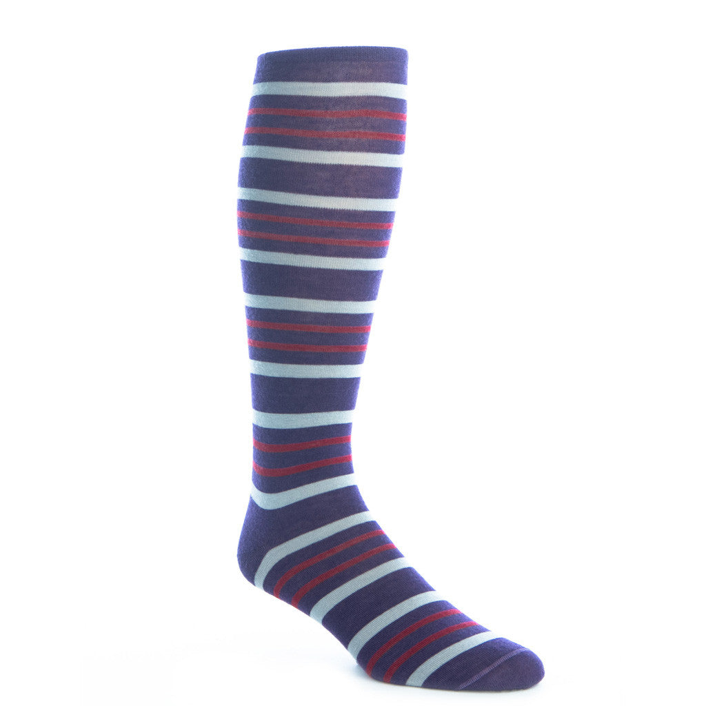Purple with Gray and Burgundy Fine Merino Sock Double Stripe Linked Toe OTC - over-the-calf - dapper-classics