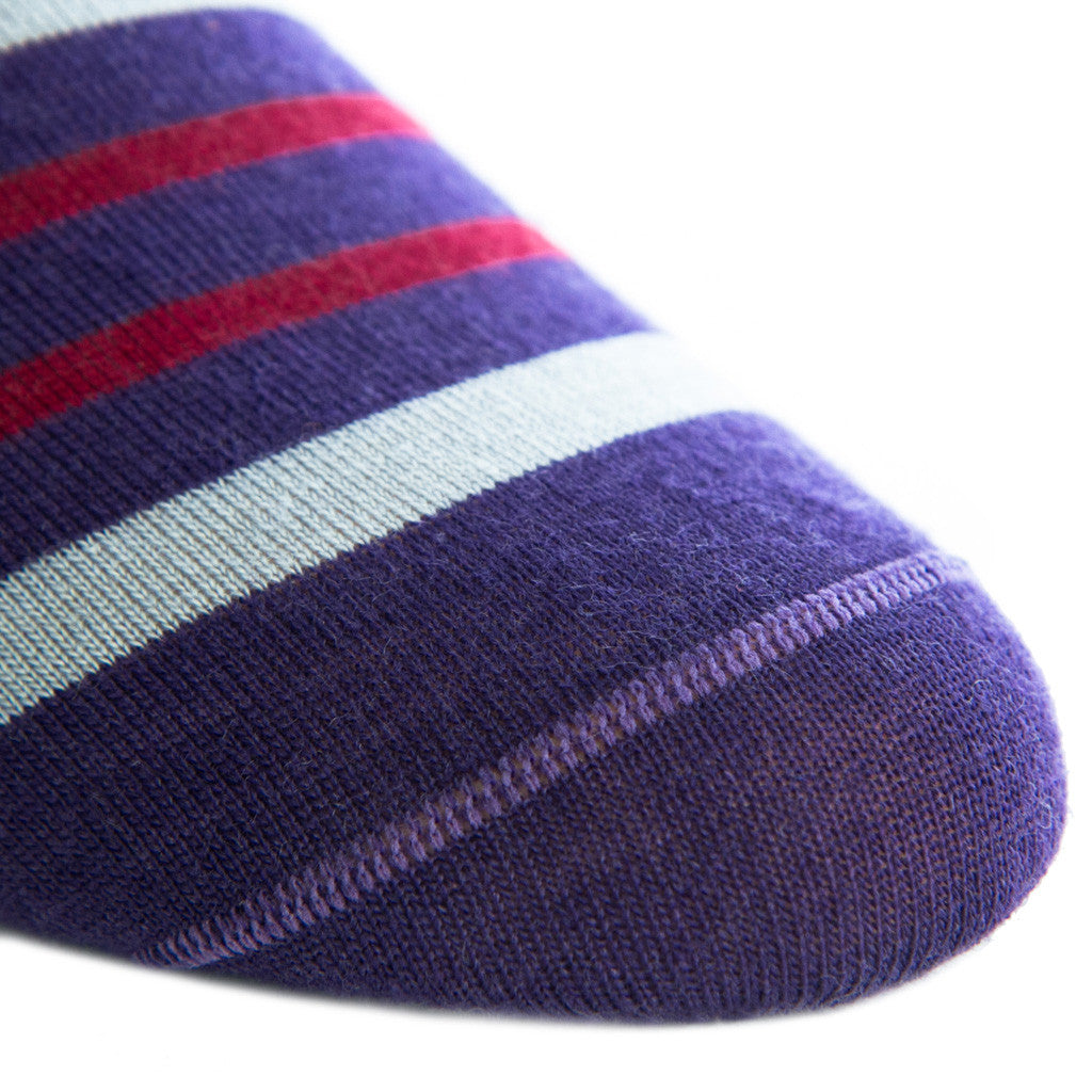 Purple with Gray and Burgundy Fine Merino Sock Double Stripe Linked Toe OTC - over-the-calf - dapper-classics