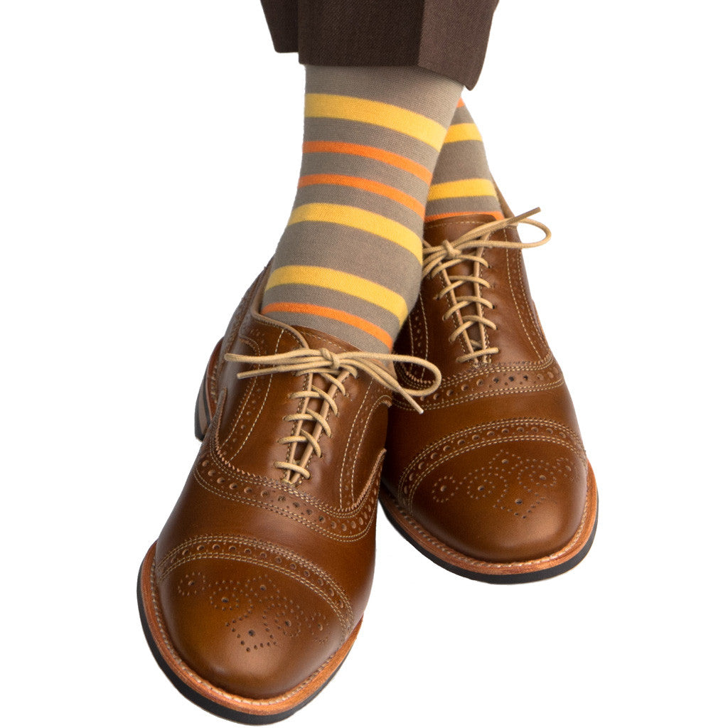 Taupe with Saffron and Orange Double Stripe Sock Fine Merino Wool Linked Toe Mid-Calf - mid-calf - dapper-classics