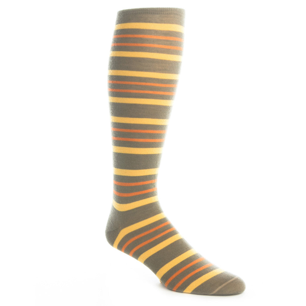 Taupe with Saffron and Orange Double Stripe Sock Fine Merino Wool Linked Toe OTC - over-the-calf - dapper-classics