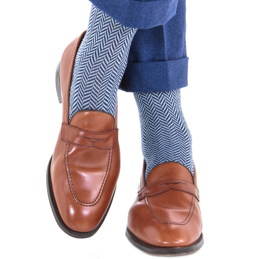 Dress Navy with Sky Blue Herringbone Fine Merino Wool Mid-Calf - mid-calf - dapper-classics