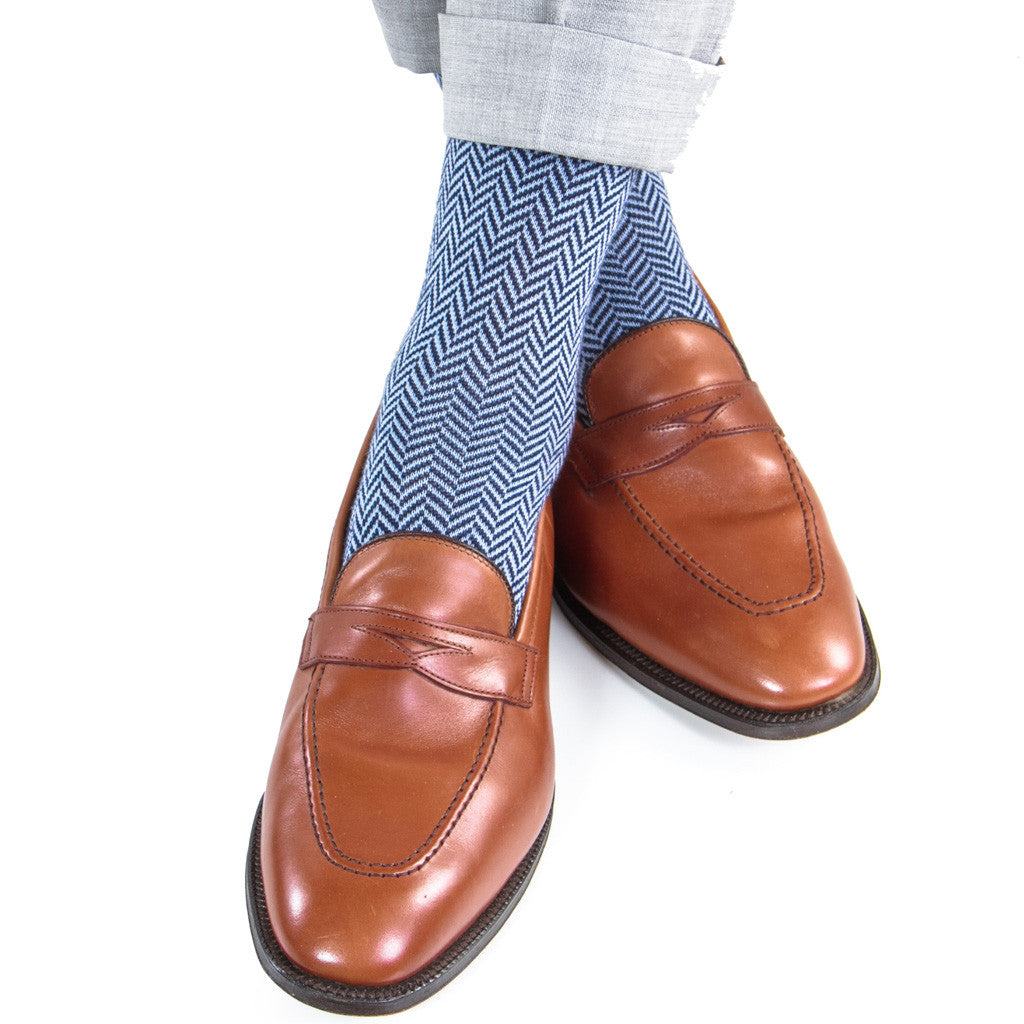 Mens light blue and navy herringbone wool dress socks – Dapper Classics®